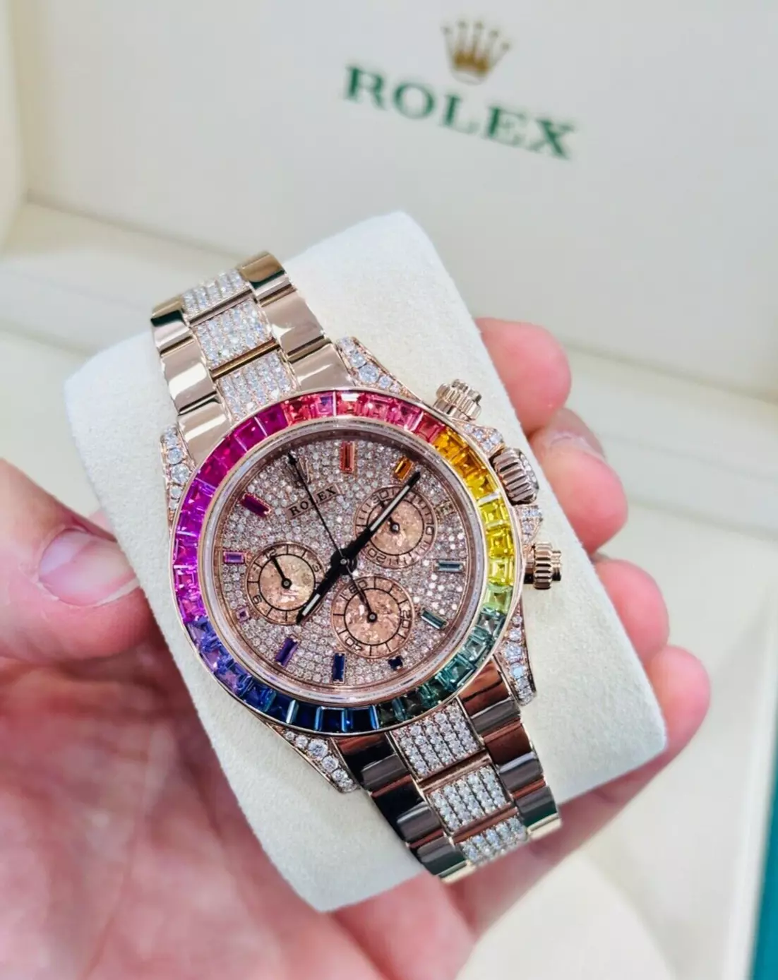  Cosmograph Daytona Rainbow colored baguette Bezel Rose Gold Diamond Oyster Men's Watch 116505
