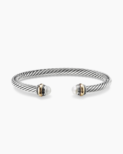 Classic Cable Bracelet Sterling Silver with 14K Yellow Gold and Pearls, 5mm