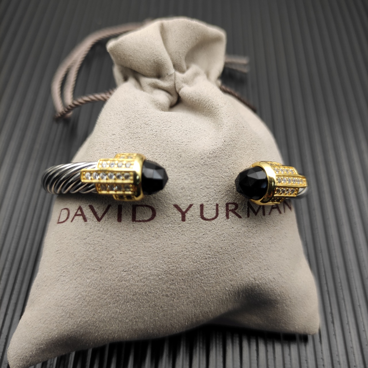 7mm Cable Bracelet with Black & Diamond Accents – Gold Cap