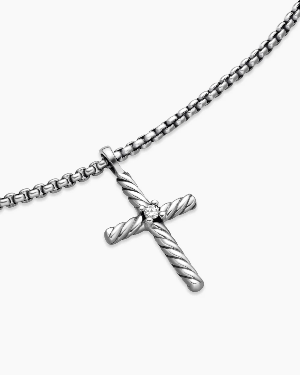 Classic Cable Cross Necklace Sterling Silver with Center Diamond