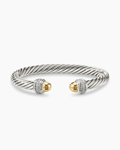 Classic Cable Bracelet Sterling Silver with 14K Yellow Gold Domes and Diamonds, 7mm