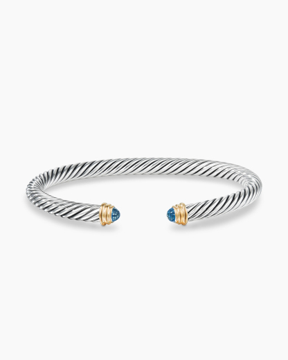 Classic Cable Bracelet Sterling Silver with 14K Yellow Gold and Blue Topaz, 5mm