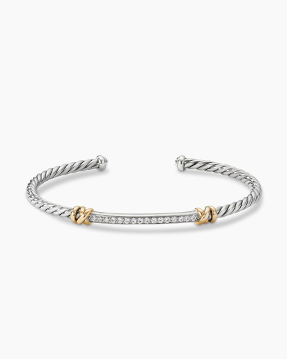 Petite Helena Classic Cable Station Bracelet Sterling Silver with 18K Yellow Gold with Diamonds, 3mm