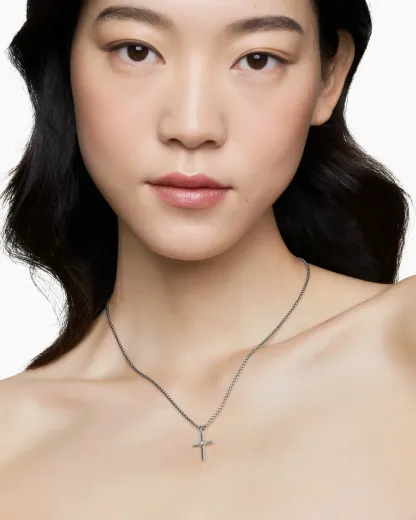 Classic Cable Cross Necklace Sterling Silver with Center Diamond
