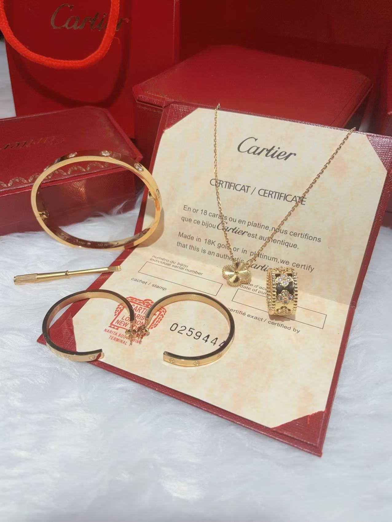 LOVE BRACELET, 10 DIAMONDS + LOVE EARRINGS + VINTAGE ALHAMBRA PENDANT + PERLEE CLOVERS RING