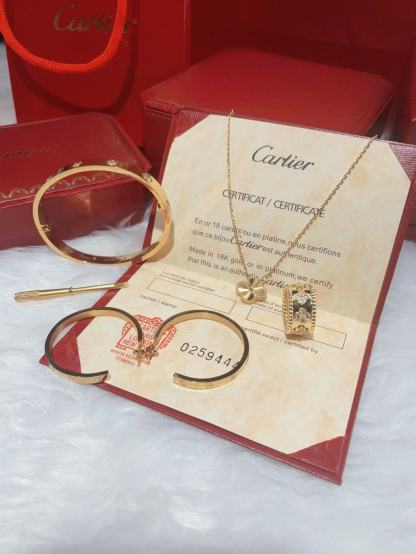 LOVE BRACELET, 10 DIAMONDS + LOVE EARRINGS + VINTAGE ALHAMBRA PENDANT + PERLEE CLOVERS RING