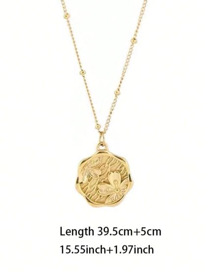 1pc Round Plate Peach Blossom Imprint Pendant Necklace Non-Fading