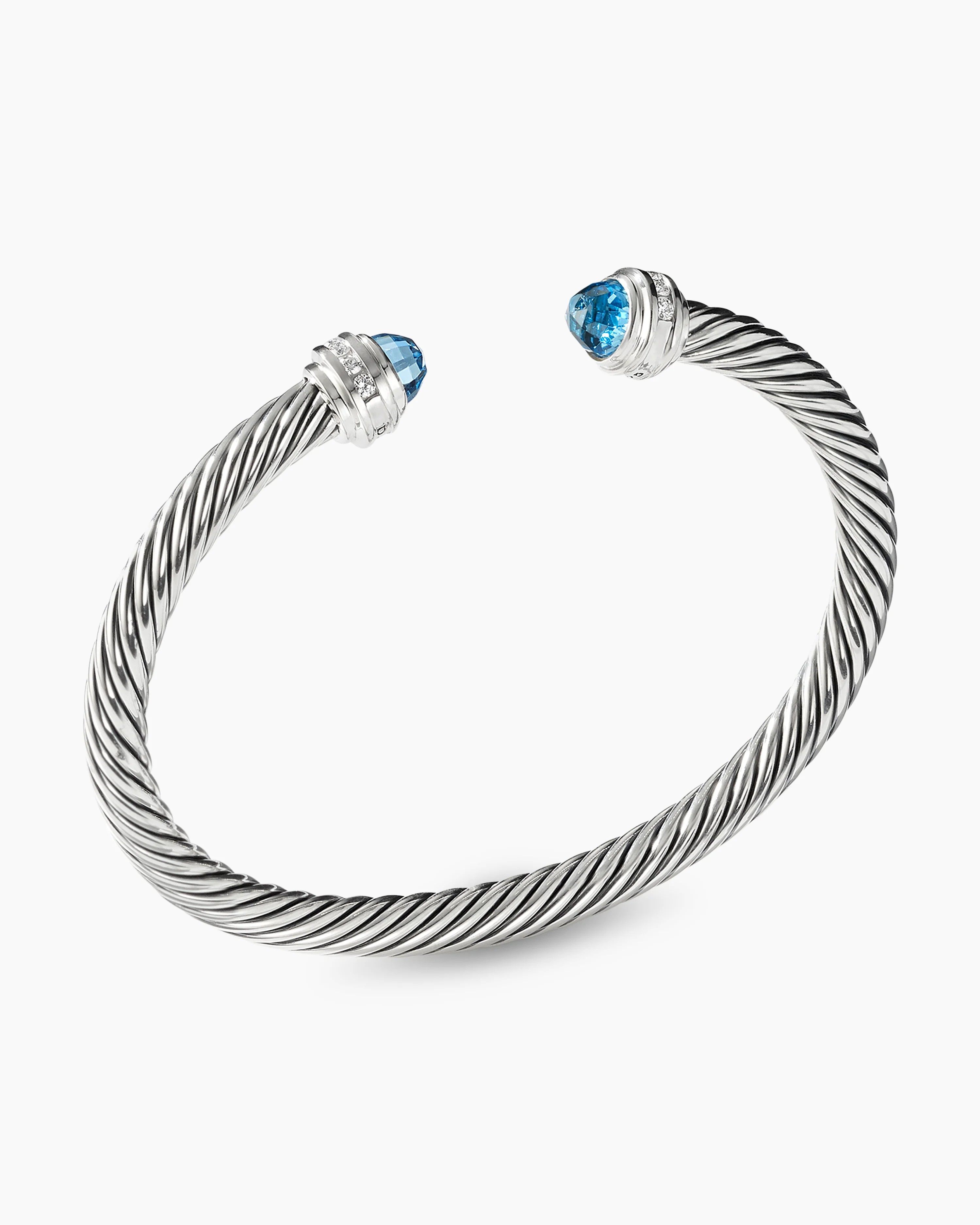 Classic Cable Bracelet Sterling Silver with Blue Topaz and Diamonds, 5mm