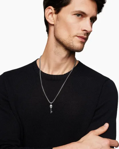 Memento Mori Skull Key Amulet Sterling Silver with Black Diamonds,