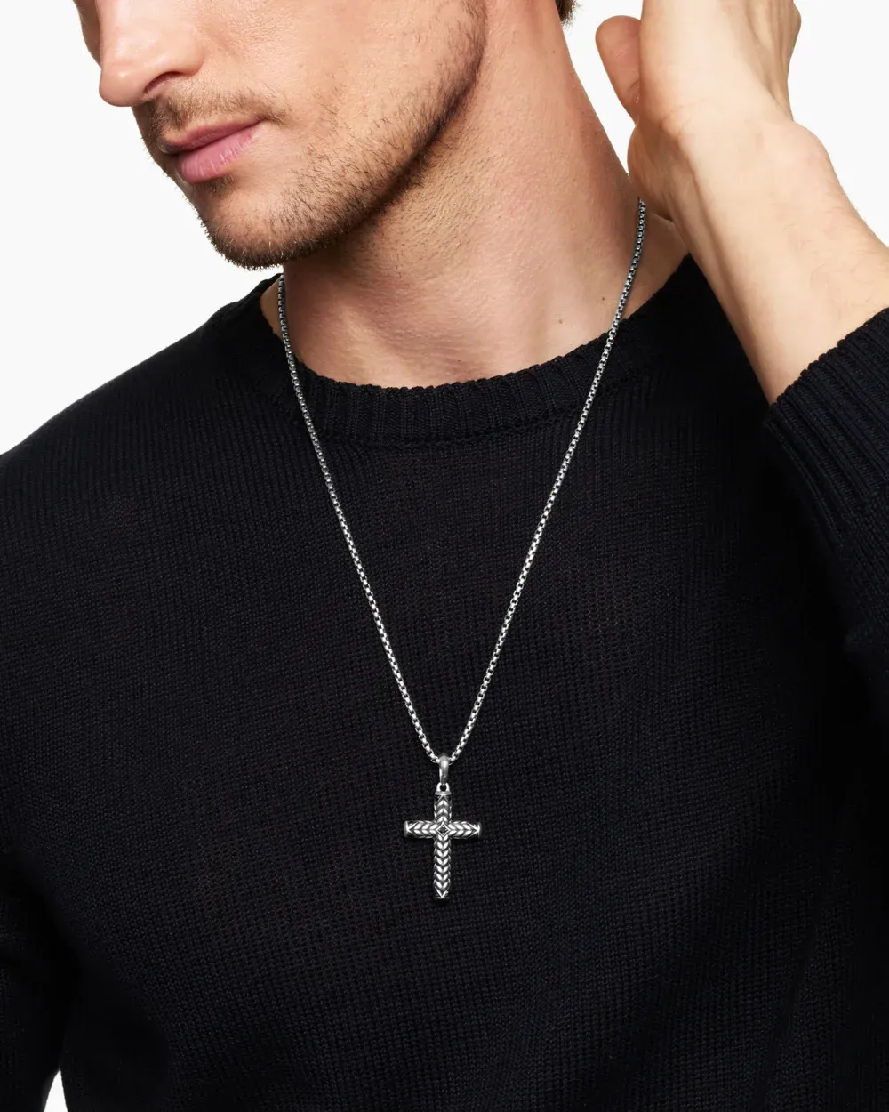 Chevron Cross Pendant Sterling Silver with Black Diamonds