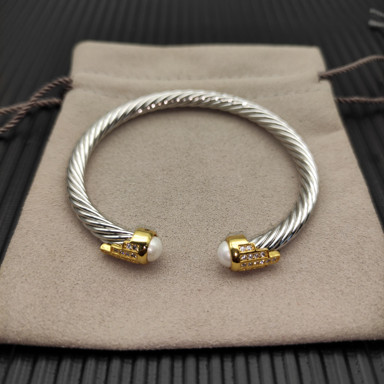 5mm Cable Bracelet with Pearl White Topaz & Diamond Accents