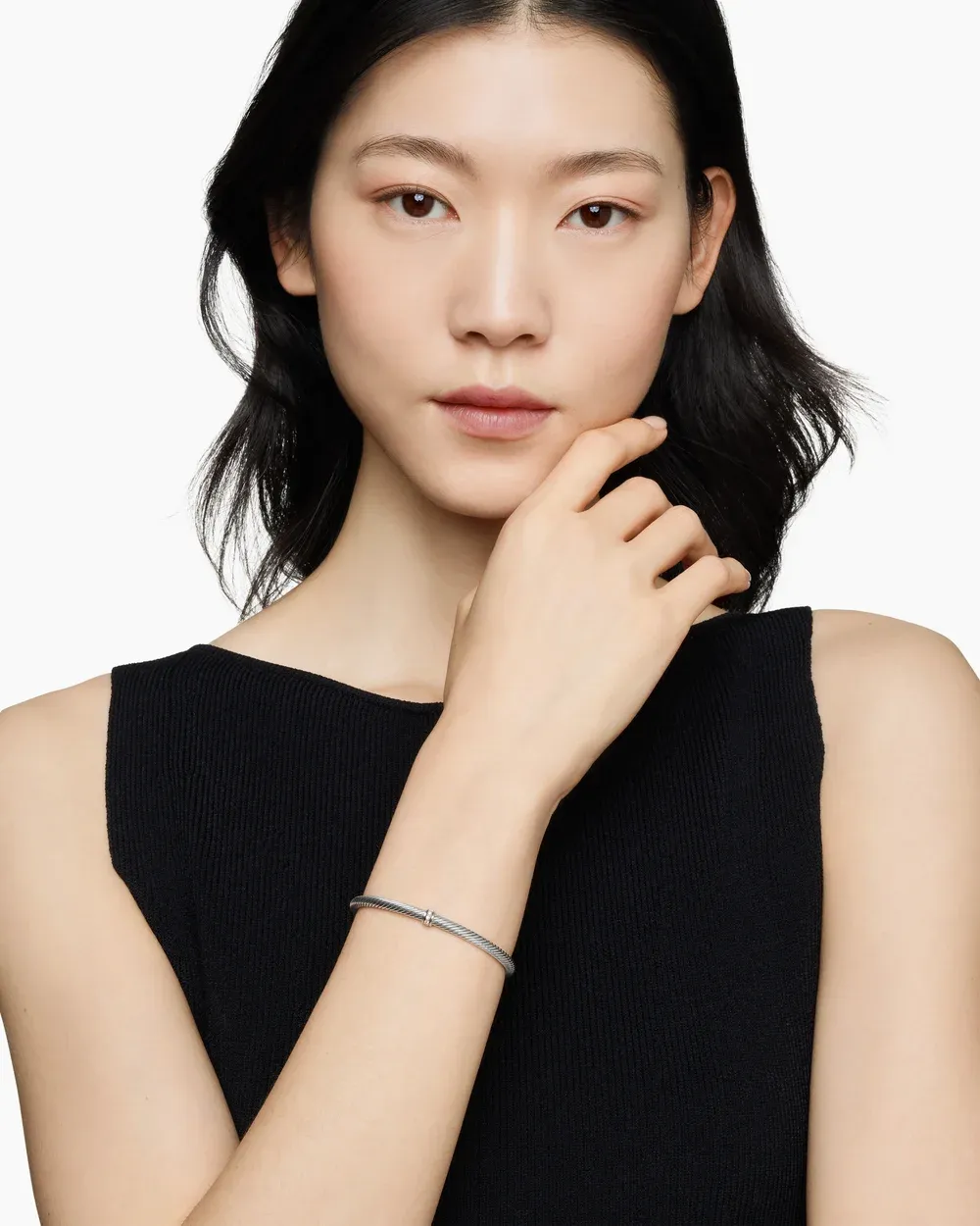 Classic Cable Station Bracelet Sterling Silver with Diamonds, 4mm