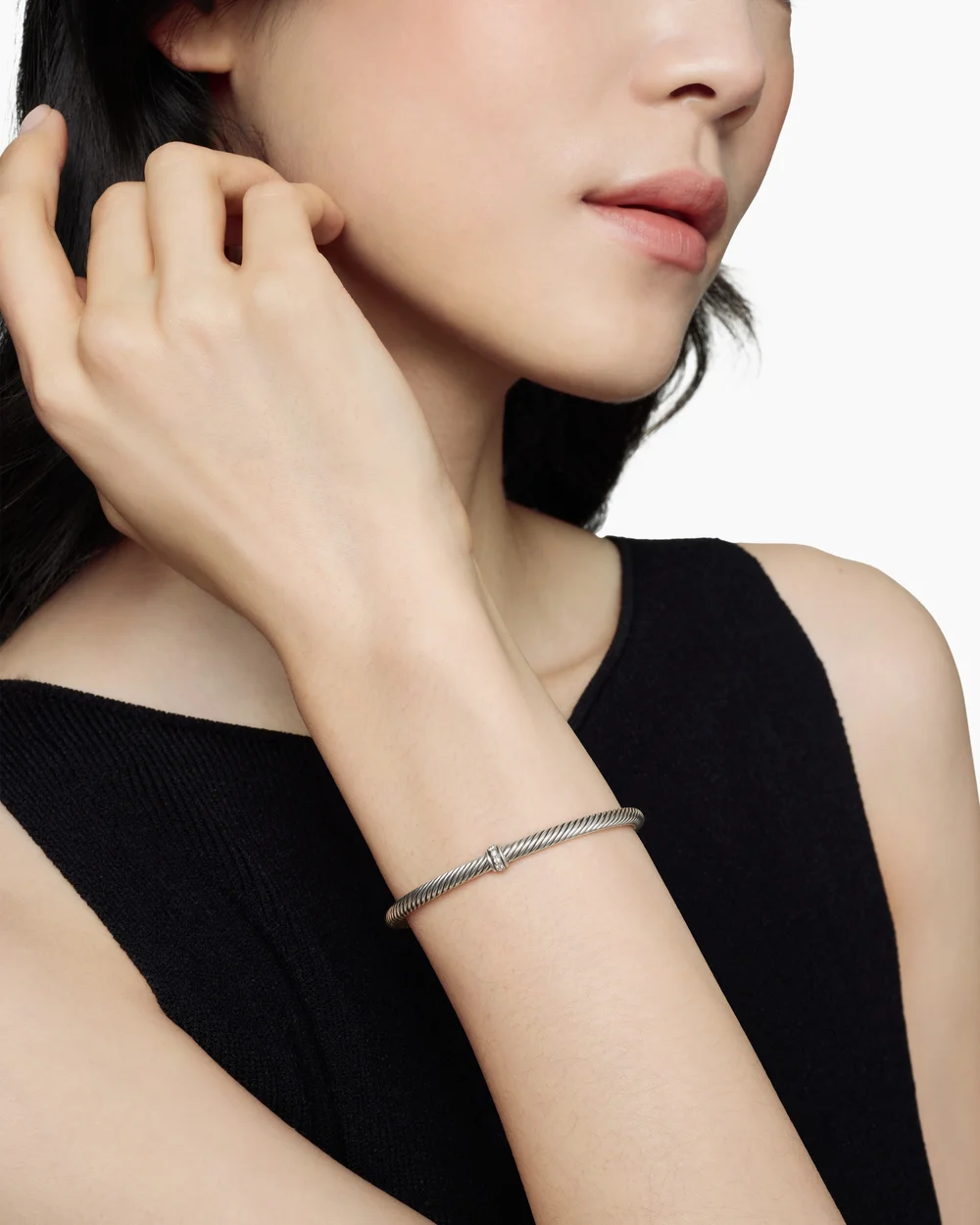 Classic Cable Station Bracelet Sterling Silver with Diamonds, 4mm