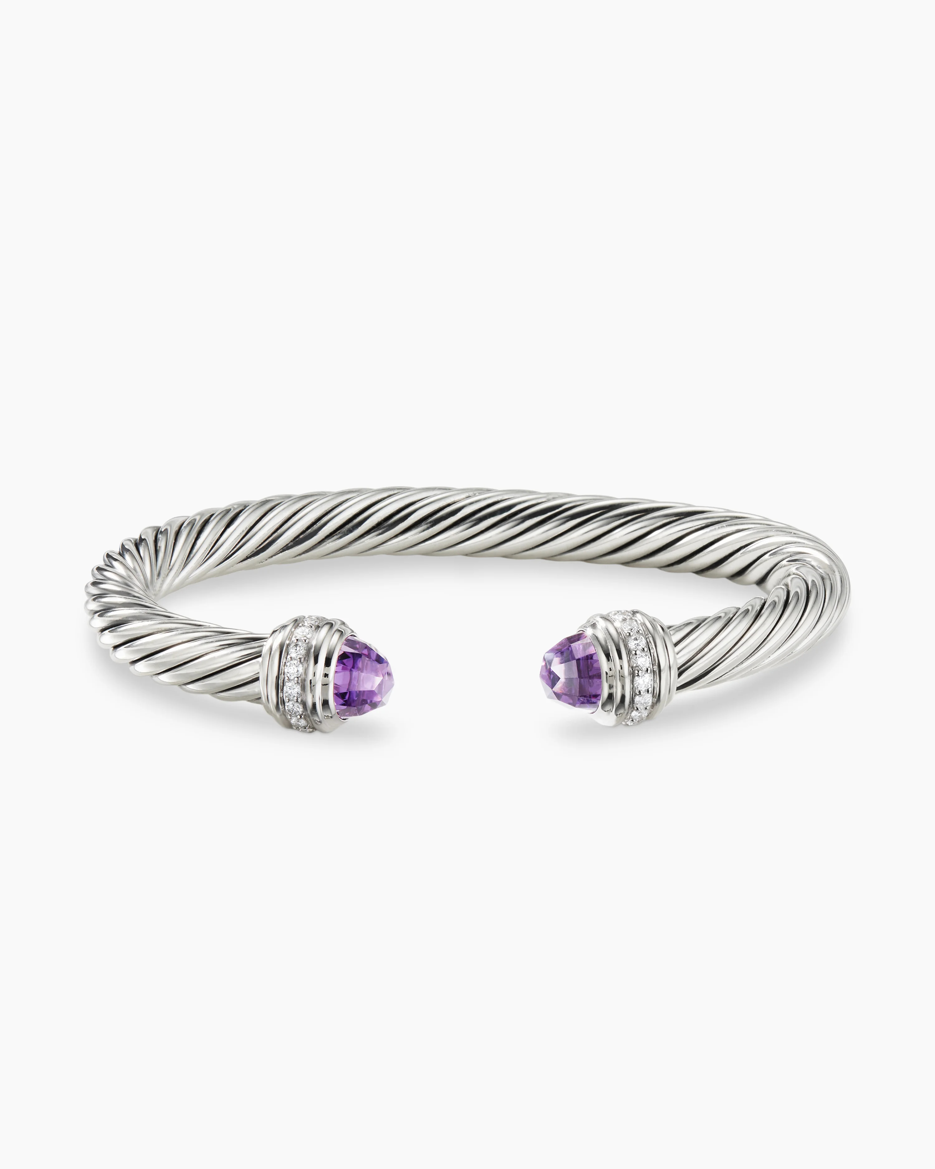Classic Cable Bracelet Sterling Silver with Amethyst and Diamonds, 7mm