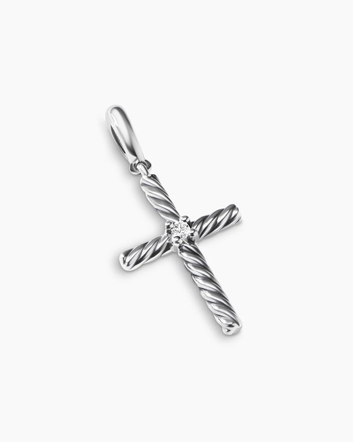 Classic Cable Cross Pendant Sterling Silver with Center Diamond, 19.5mm