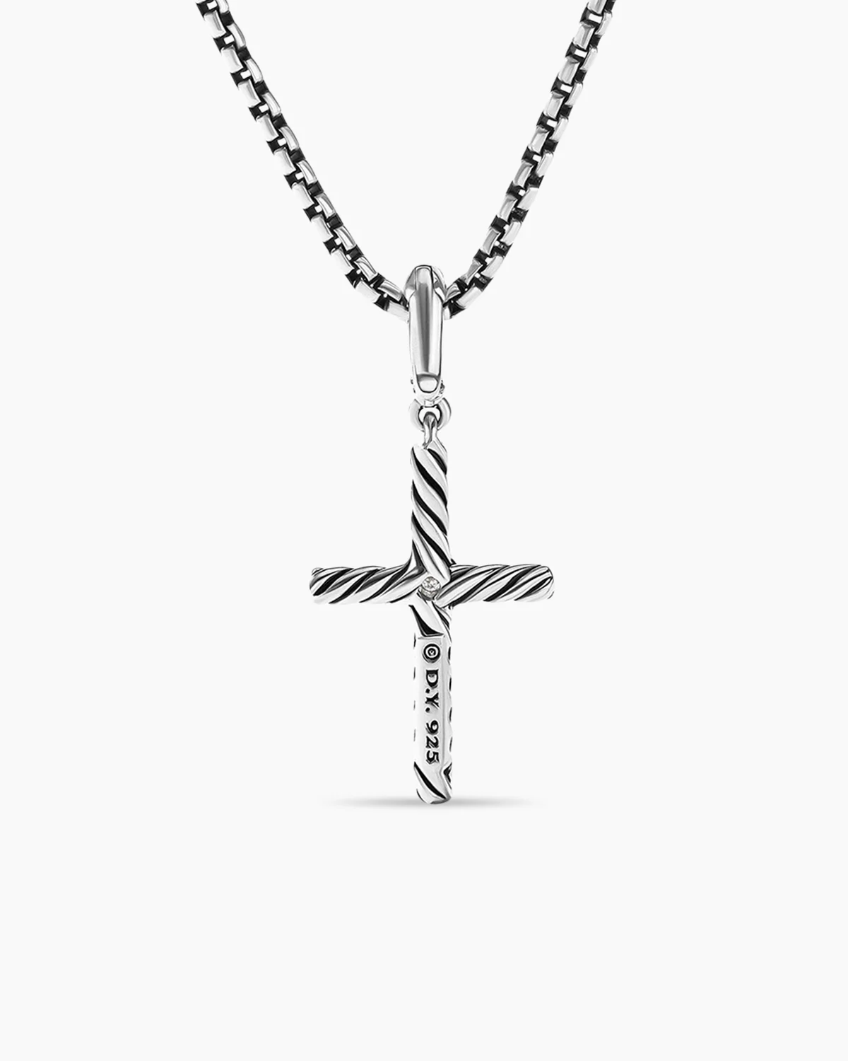 Classic Cable Cross Pendant Sterling Silver with Center Diamond, 19.5mm
