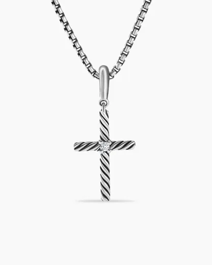 Classic Cable Cross Pendant Sterling Silver with Center Diamond, 19.5mm