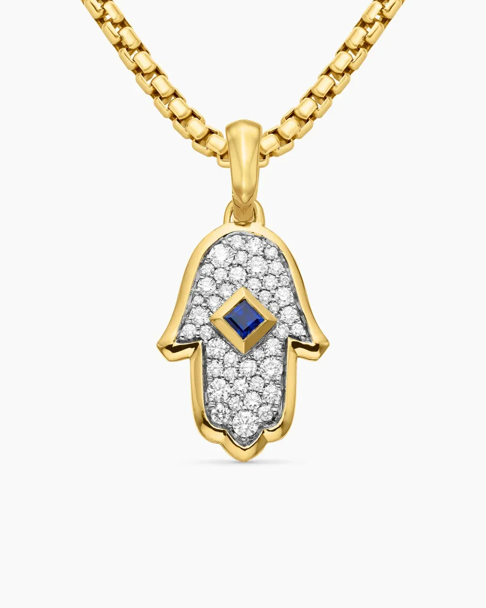 Hamsa Amulet 18K Yellow Gold with Pavé Diamonds and Blue Sapphire, 24.6mm