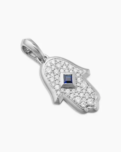Hamsa Amulet 18K White Gold with Pavé Diamonds and Blue Sapphire, 24.6mm