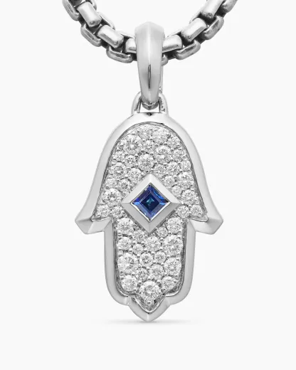 Hamsa Amulet 18K White Gold with Pavé Diamonds and Blue Sapphire, 24.6mm