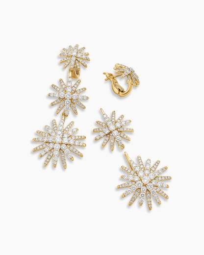 Starburst Triple Drop Earrings 18K Yellow Gold with Diamonds, 51mm