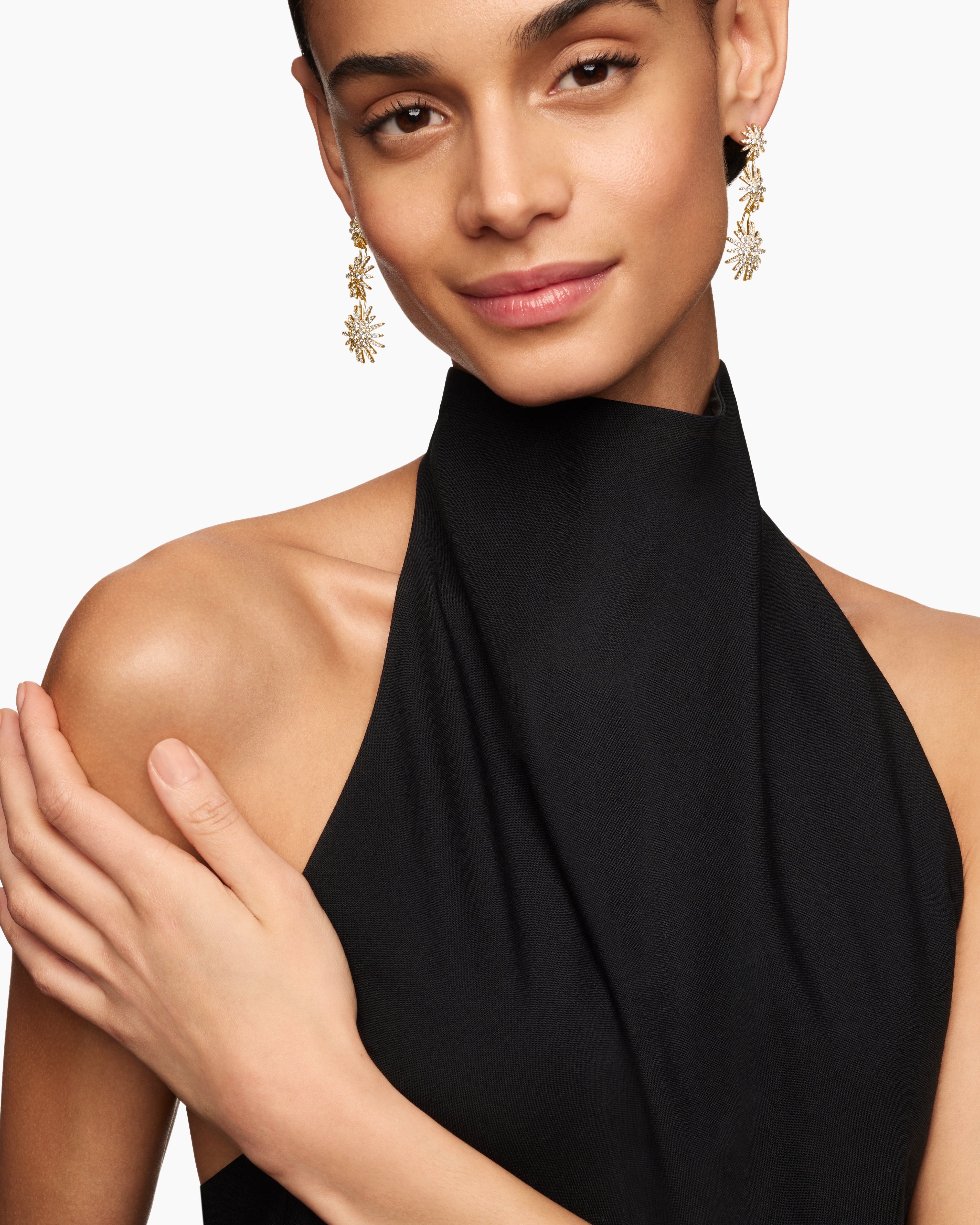 Starburst Triple Drop Earrings 18K Yellow Gold with Diamonds, 51mm