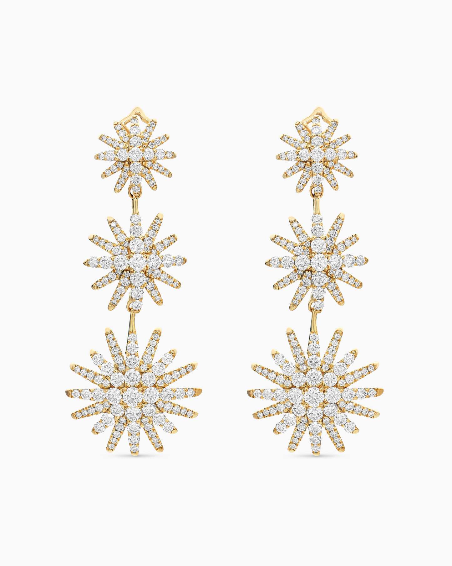 Starburst Triple Drop Earrings 18K Yellow Gold with Diamonds, 51mm