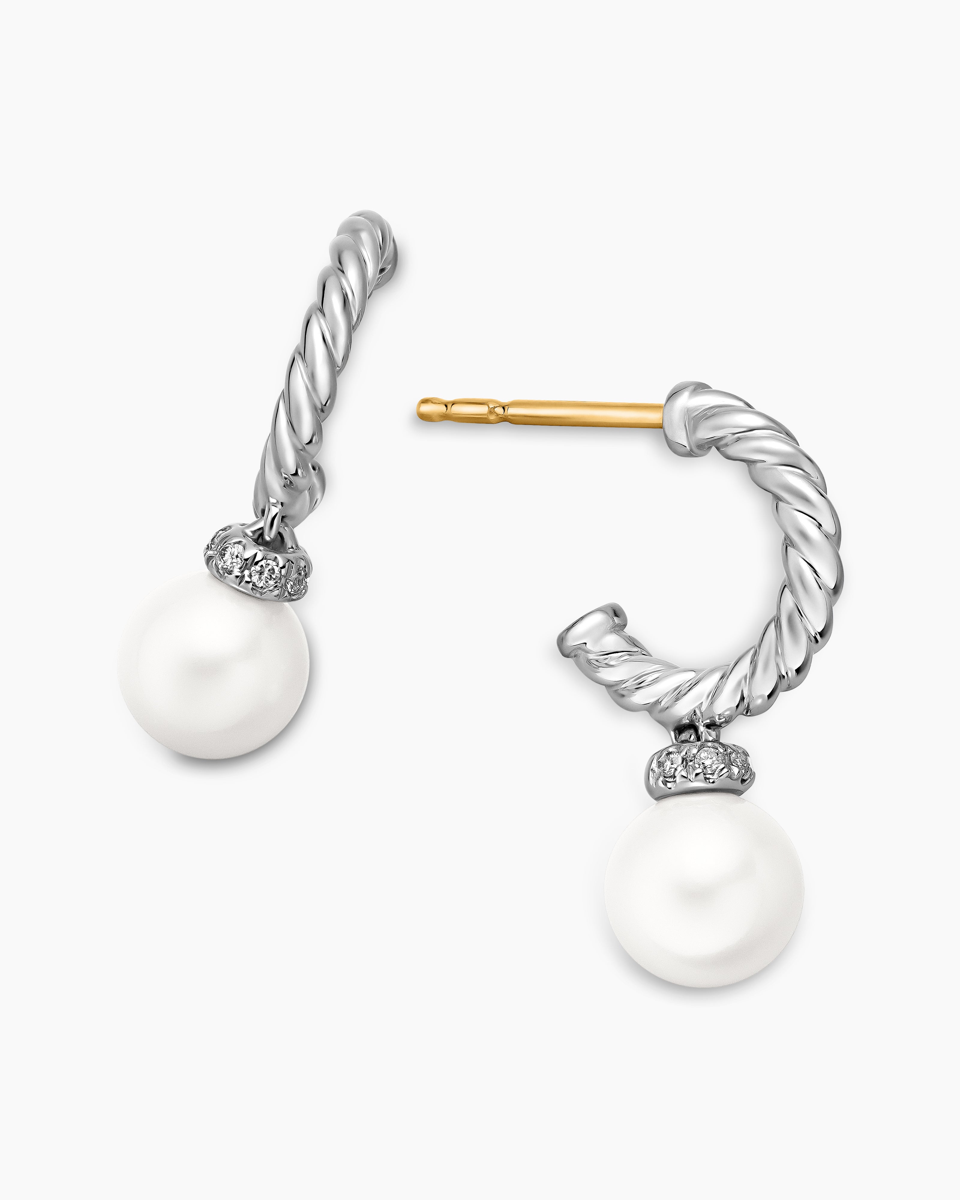 Pearl and Pavé Solari Drop Earrings Sterling Silver with Pearls and Diamonds, 18.4mm