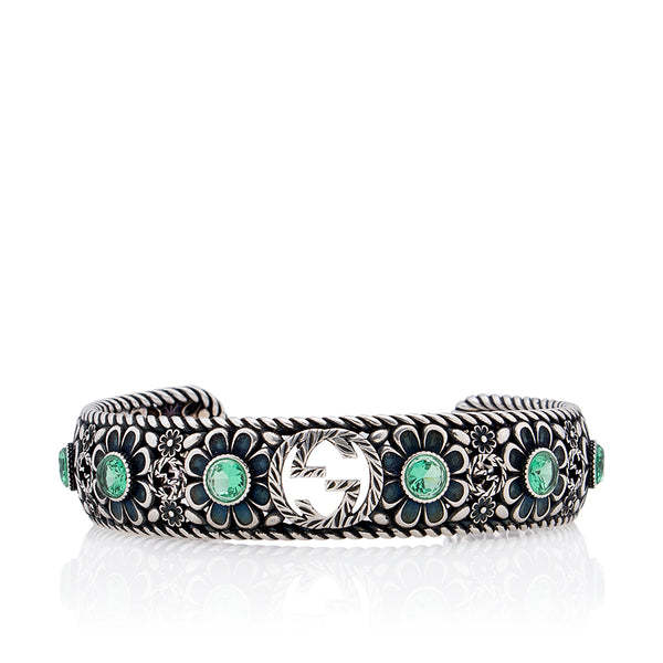 Crystal Floral Interlocking GG Cuff Bracelet (SHF-18496)