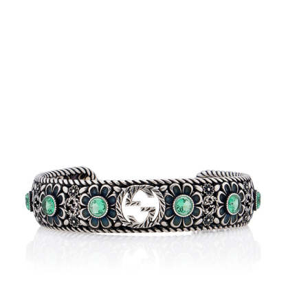 Crystal Floral Interlocking GG Cuff Bracelet (SHF-18496)