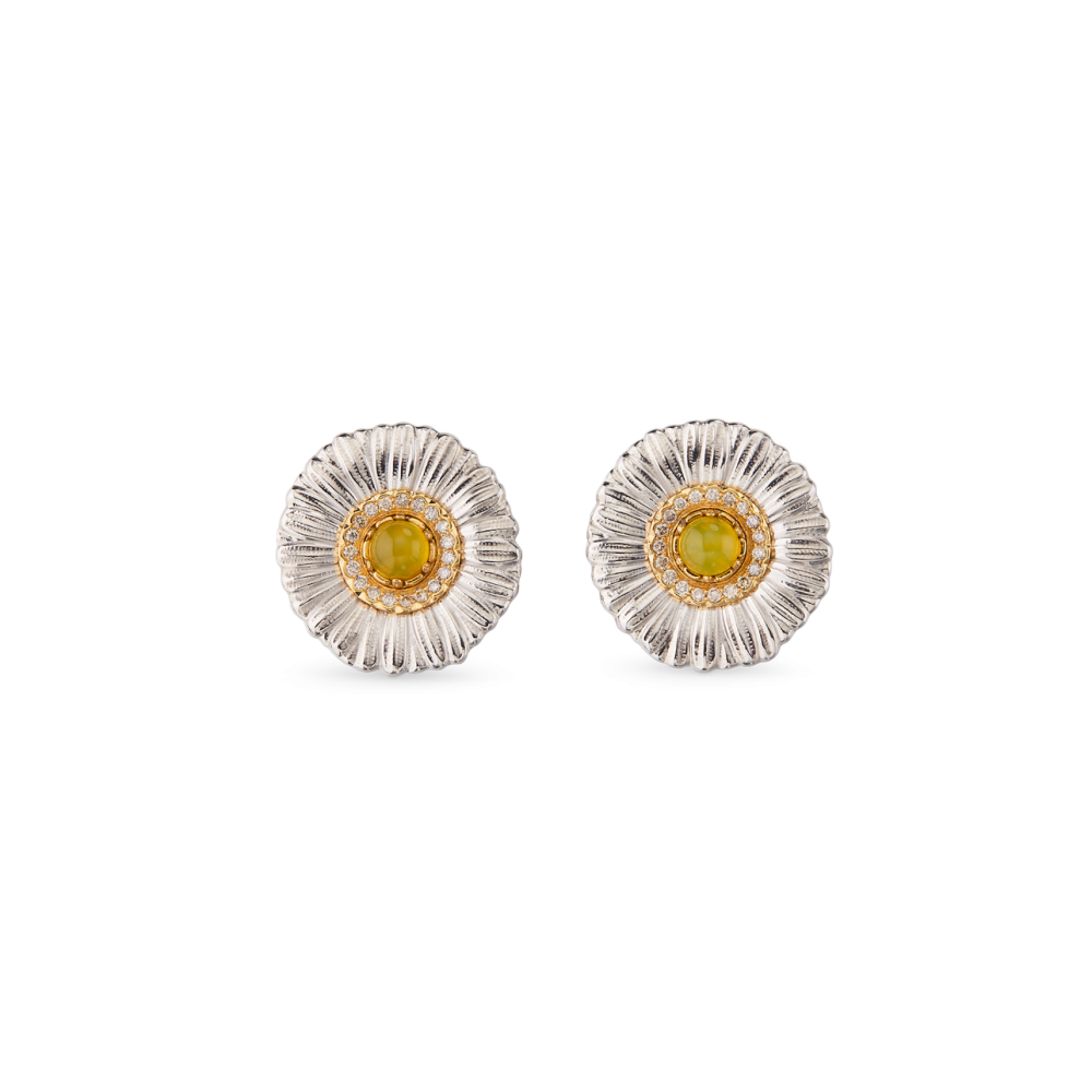 BLOSSOMS SILVER BUTTON EARRINGS WITH FANCY BROWN DIAMONDS AND YELLOW AGATE