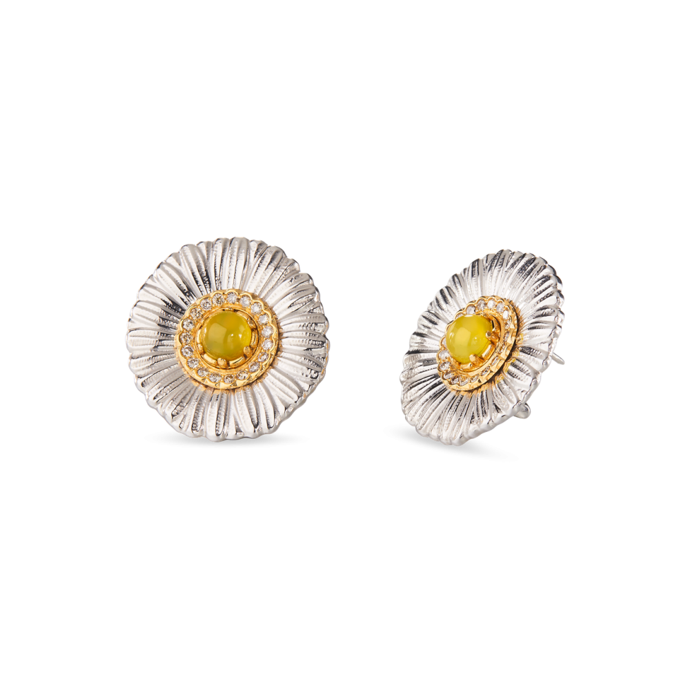BLOSSOMS SILVER BUTTON EARRINGS WITH FANCY BROWN DIAMONDS AND YELLOW AGATE