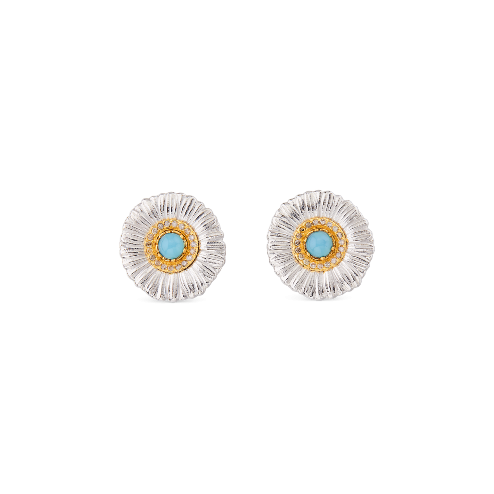 BLOSSOMS SILVER BUTTON EARRINGS WITH FANCY BROWN DIAMONDS AND LIGHT BLUE AGATE