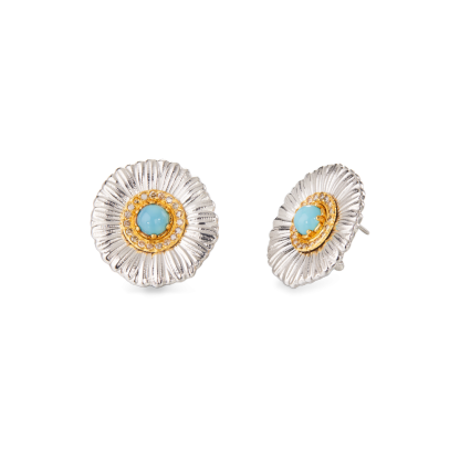 BLOSSOMS SILVER BUTTON EARRINGS WITH FANCY BROWN DIAMONDS AND LIGHT BLUE AGATE