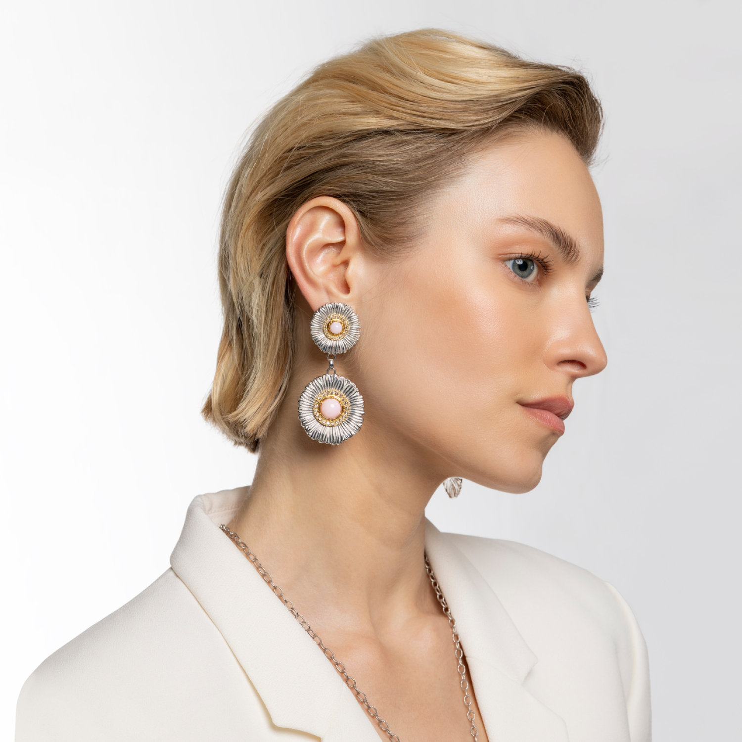 BLOSSOMS SILVER PENDANT EARRINGS WITH FANCY BROWN DIAMONDS AND PINK OPAL