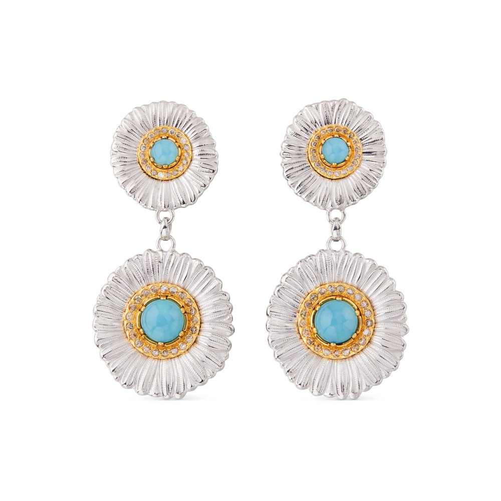 BLOSSOMS SILVER EARRINGS WITH FANCY BROWN DIAMONDS AND LIGHT BLUE AGATE