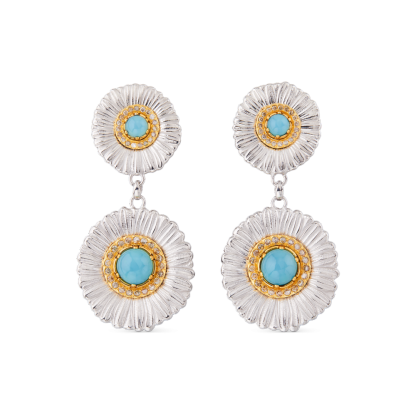 BLOSSOMS SILVER EARRINGS WITH FANCY BROWN DIAMONDS AND LIGHT BLUE AGATE