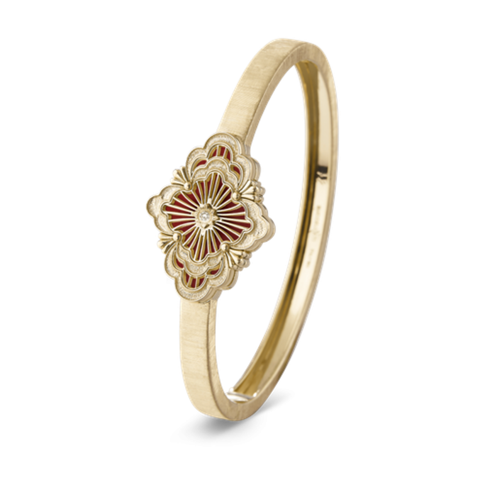 OPERA TULLE YELLOW GOLD BANGLE BRACELET WITH RED ENAMEL BACKGROUND