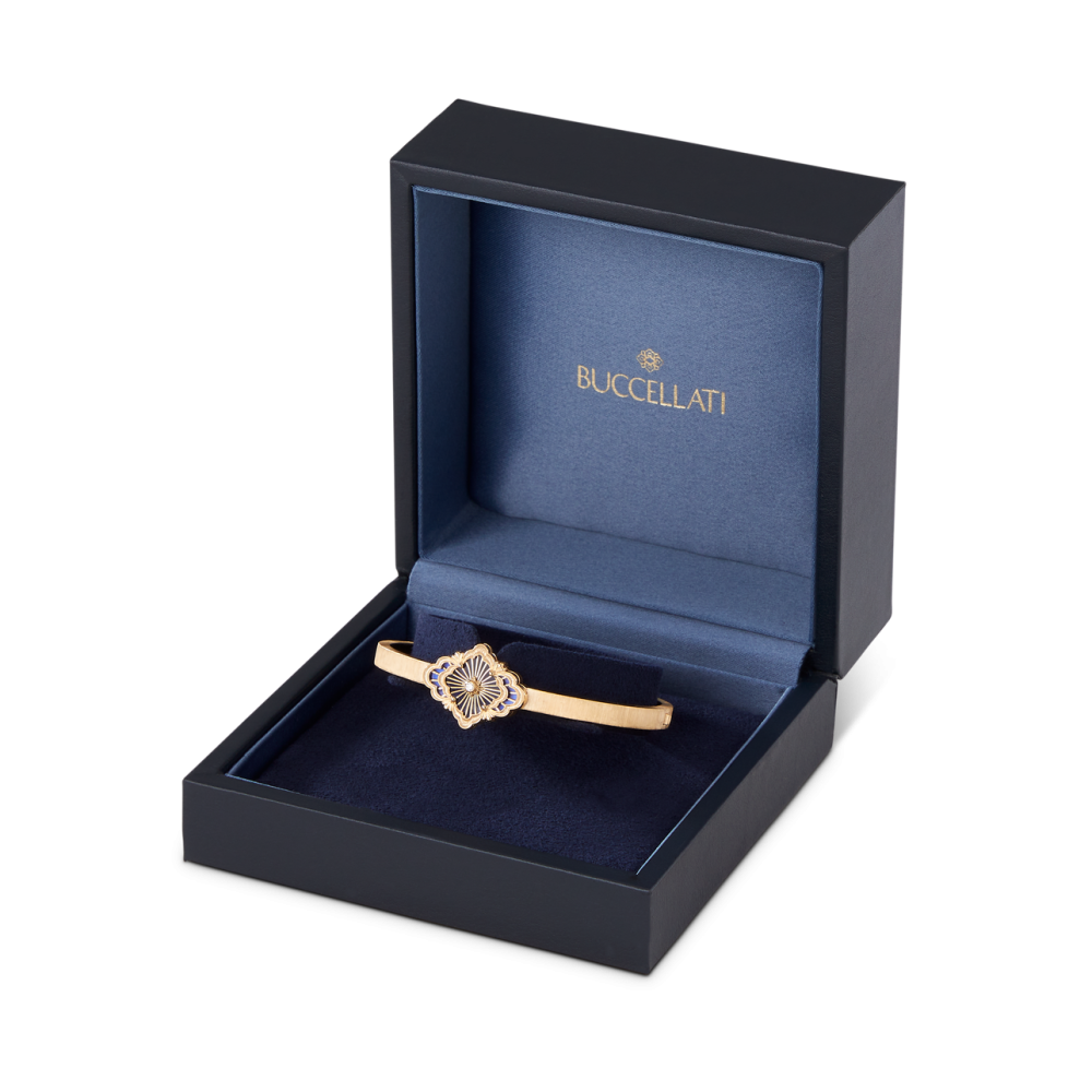 OPERA TULLE GOLD BANGLE BRACELET WITH BLUE ENAMEL BACKGROUND