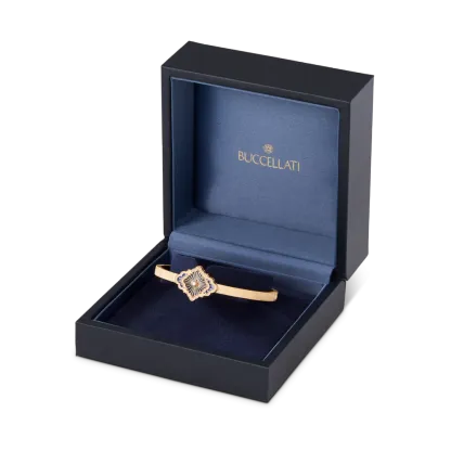 OPERA TULLE GOLD BANGLE BRACELET WITH BLUE ENAMEL BACKGROUND