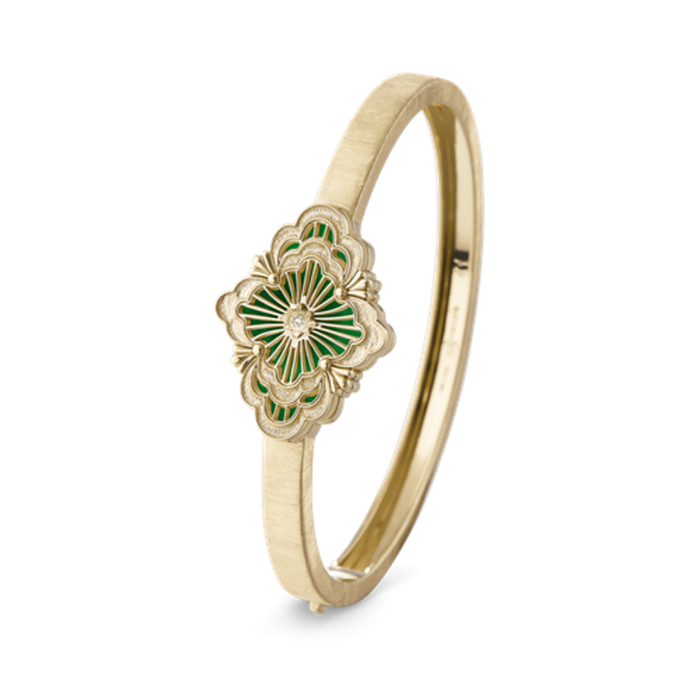 OPERA TULLE GOLD BANGLE BRACELET WITH GREEN ENAMEL BACKGROUND