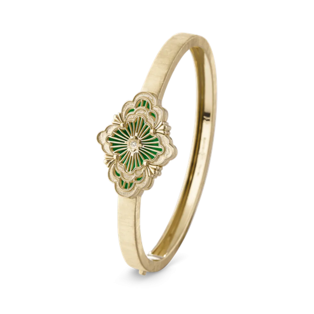 OPERA TULLE GOLD BANGLE BRACELET WITH GREEN ENAMEL BACKGROUND