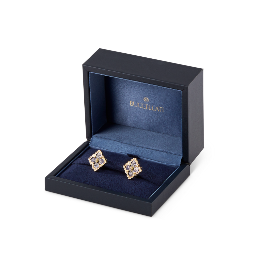 OPERA TULLE YELLOW GOLD BUTTON EARRINGS WITH BLUE ENAMELED ELEMENT