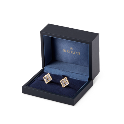 OPERA TULLE YELLOW GOLD BUTTON EARRINGS WITH BLUE ENAMELED ELEMENT