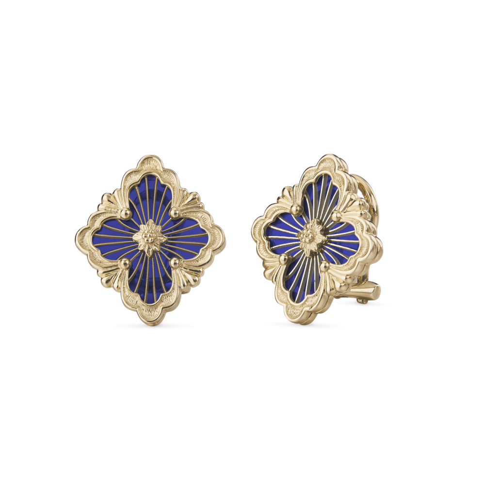 OPERA TULLE YELLOW GOLD BUTTON EARRINGS WITH BLUE ENAMELED ELEMENT