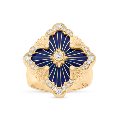 OPERA TULLE GOLD RING WITH BLUE ENAMELED ELEMENT AND TULLE PATTERN