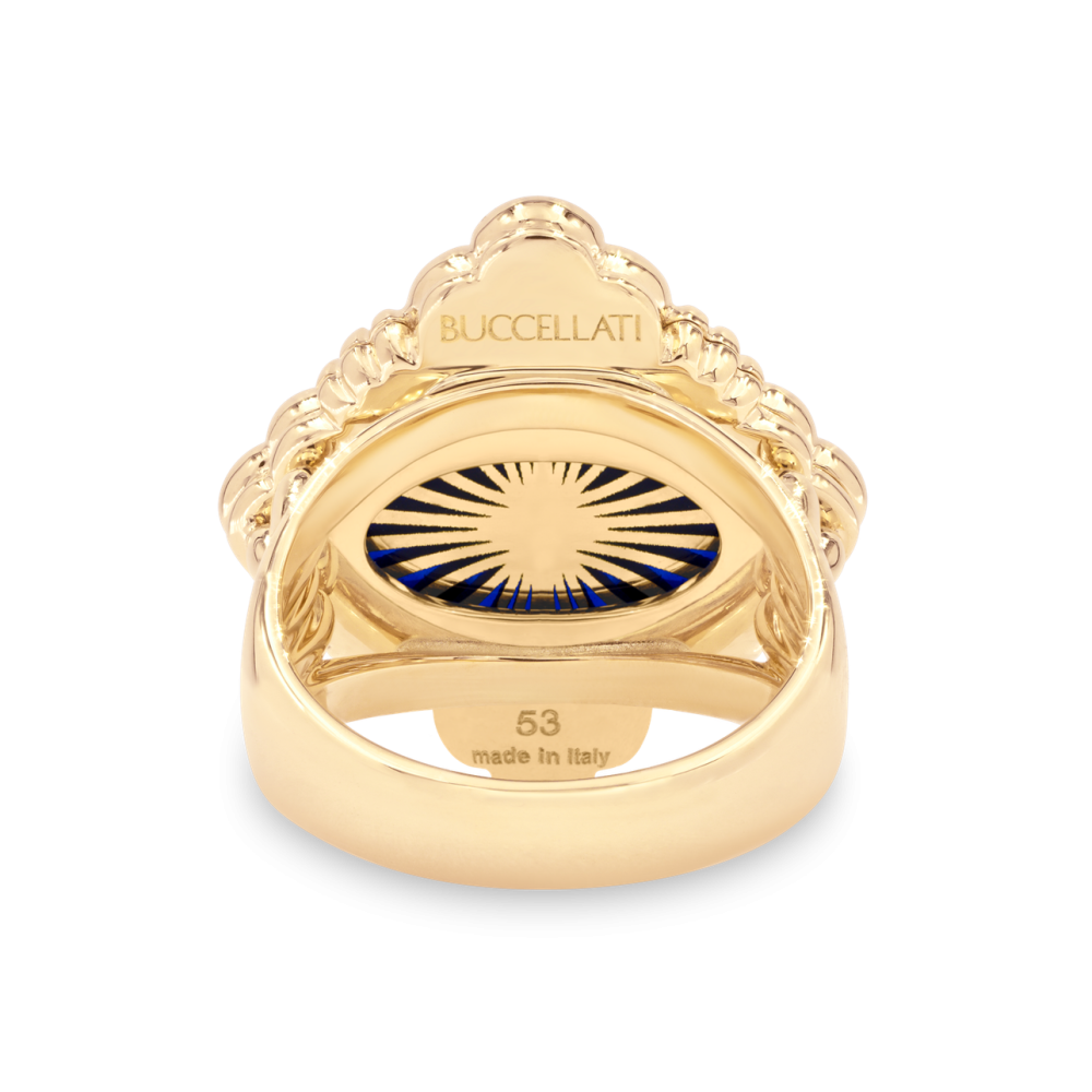 OPERA TULLE GOLD RING WITH BLUE ENAMELED ELEMENT AND TULLE PATTERN