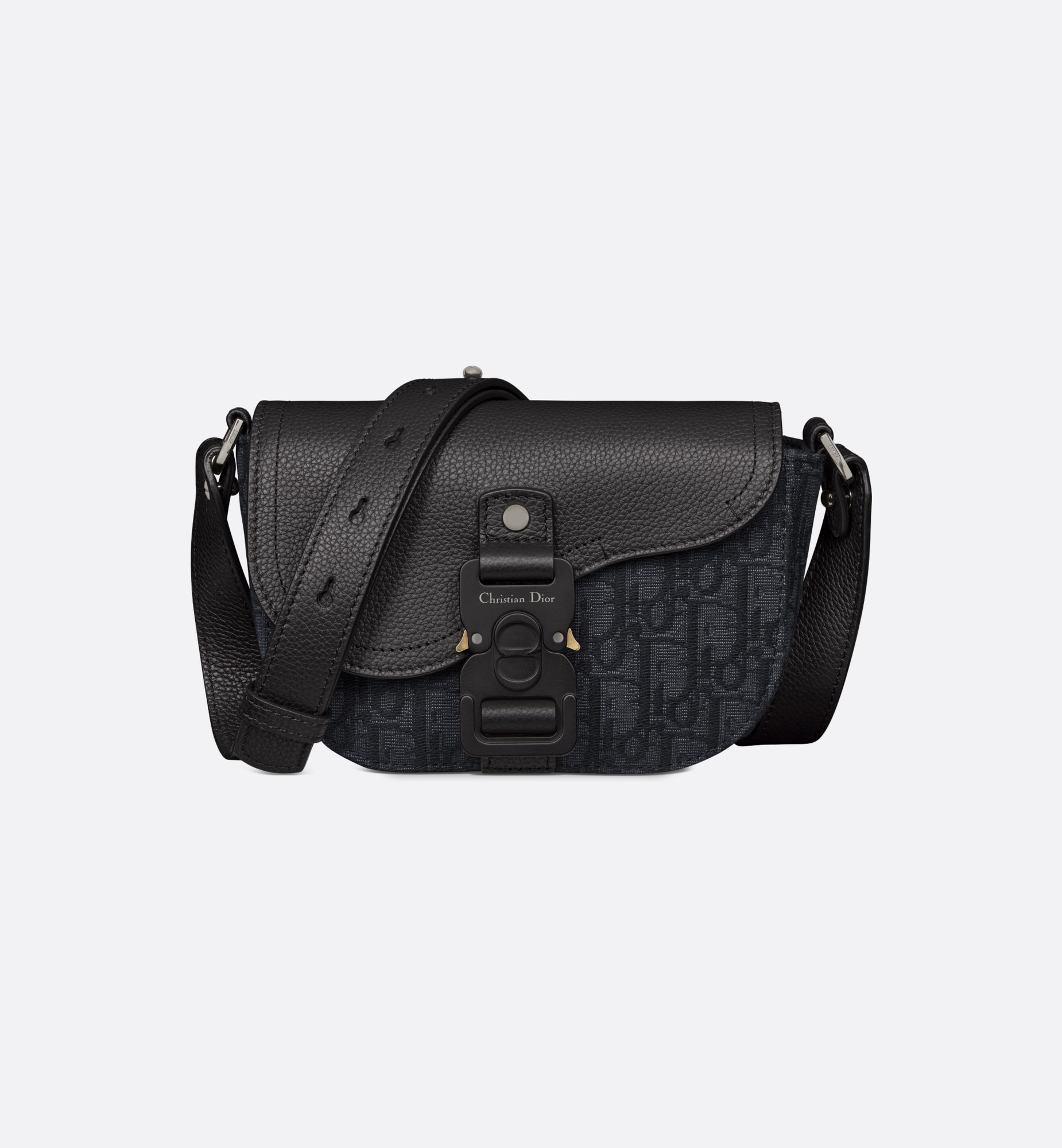 Mini Saddle Messenger Bag with Flap Black Oblique Jacquard and Black Grained Calfskin