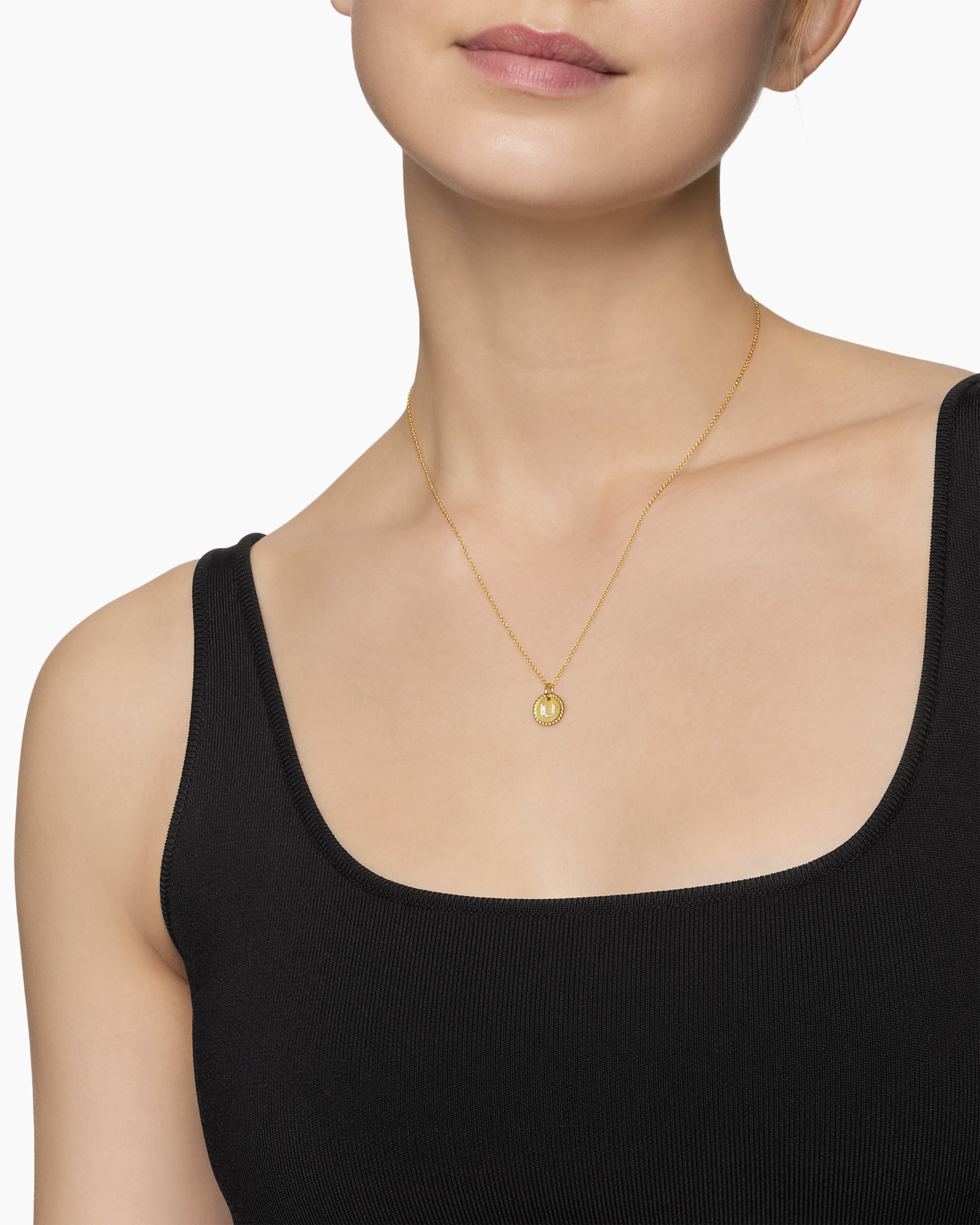 Initial Charm Necklace 18K Yellow Gold with Diamond U