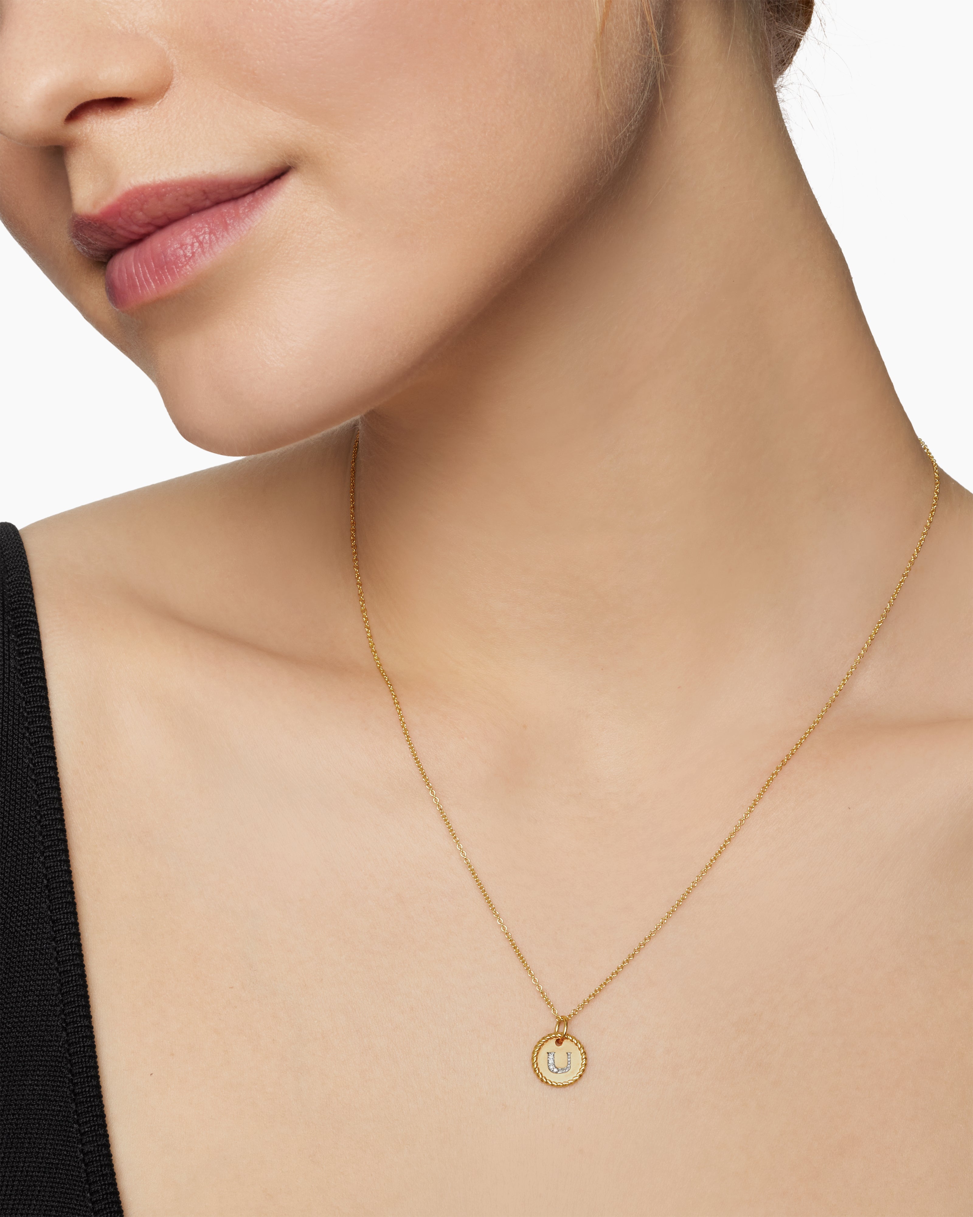 Initial Charm Necklace 18K Yellow Gold with Diamond U